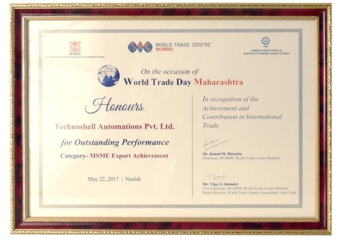 Outstanding Performance Award 2017 (Category - MSME Export Achievement) by World Trade Centre (Mumbai) and Ambad Industries and Manufacturers Association (AIMA)